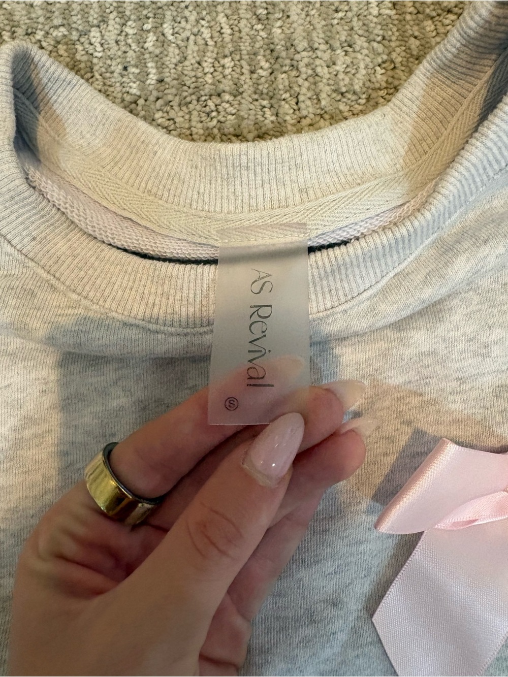 Altar'd State Heather Gray Sweatshirt with Pale Pink Satin Bow - Picture 2 of 2